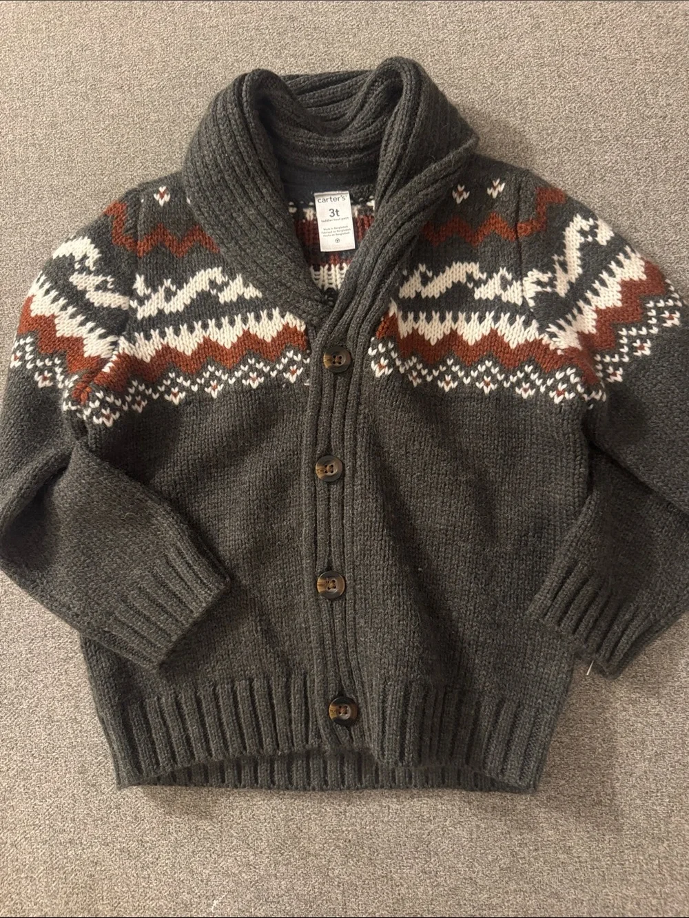 5/$15- Children's Shawl Collar Fair Isle Cardigan Sweater - Dark Gray